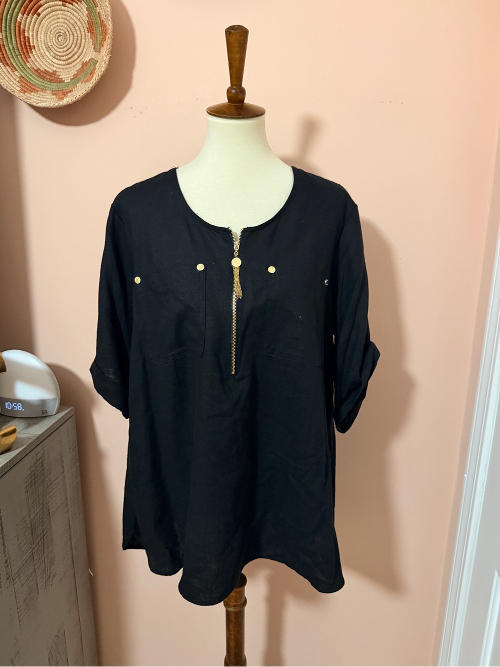 Anne Klein Black Short-Sleeve Zip-Front Tunic with Gold Accents